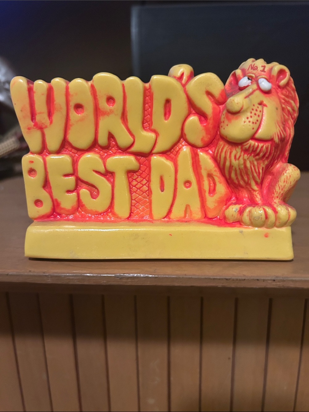 Vintage Yellow and Orange 'World's Best Dad' Plush Lion Figurine
